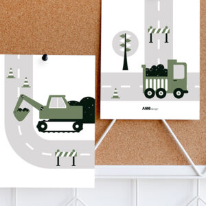Poster set Voertuigen Graafmachine olijf groen ANNIdesign 06