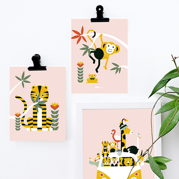 poster set jungle tijger aap oud roze ANNIdesign 03