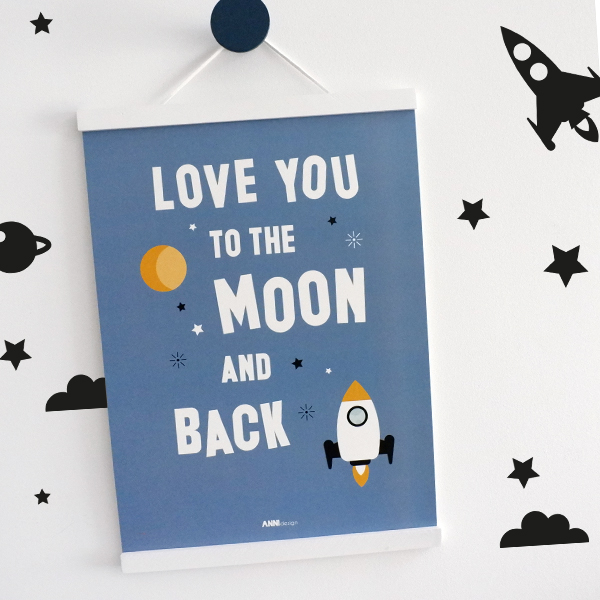 Poster Raket Love you to the Moon jeans blauw ANNIdesign 01
