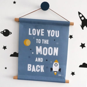 Textielposter Raket Love you to the Moon jeans blauw ANNIdesign 01