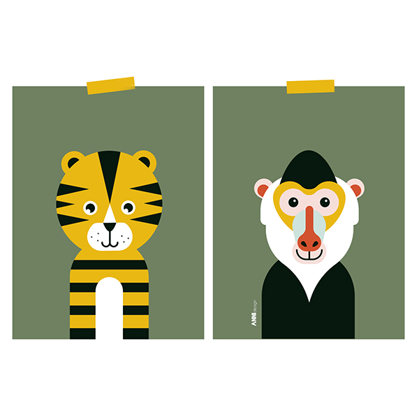 Poster set Safari Baviaan en Tijger olijf groen ANNIdesign 04
