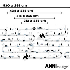 Kinderbehang Voertuigen jeans blauw ANNIdesign afmetingen