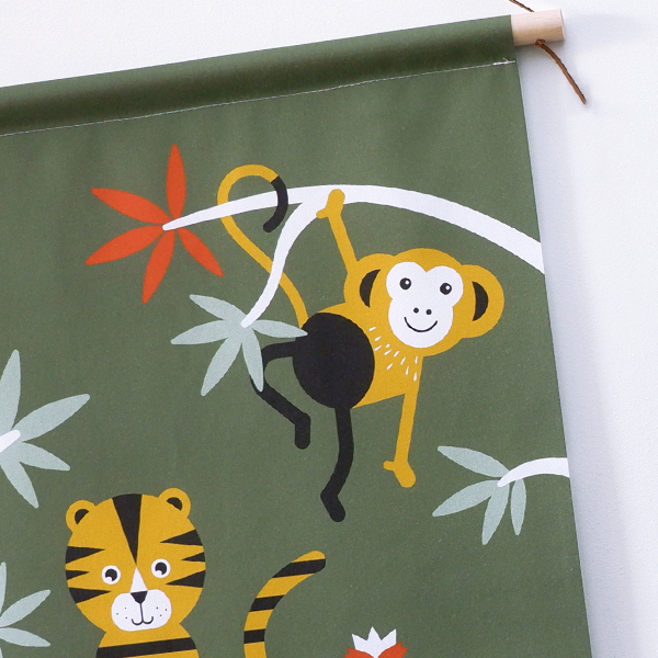 Textielposter Jungle Tijger en Aap olijf groen ANNIdesign 02