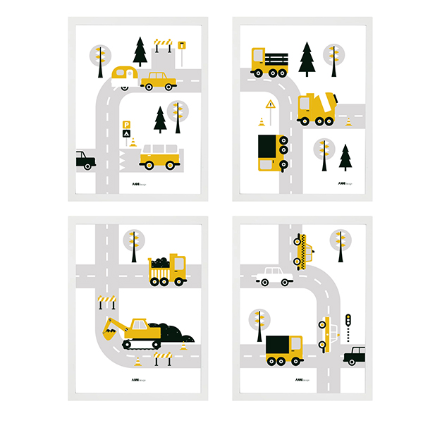 poster set voertuigen 4x oker geel ANNIdesign 01