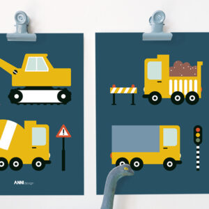 poster set 15x20 on the road werkvoertuigen donker blauw ANNIdesign 02