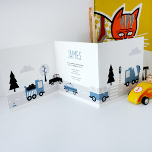 Geboortekaart Voertuigen jeans blauw 3luik ANNIdesign 02