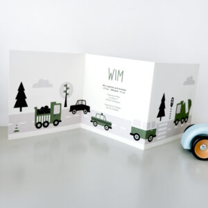 Geboortekaart Voertuigen olijf groen 3luik ANNIdesign 02